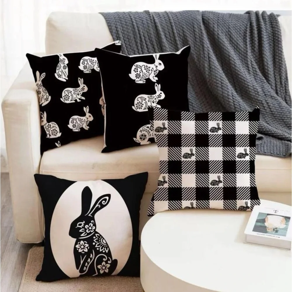 Seasonal Pillow Covers Easter Bunnies Zip Closure 17.7 In Black White Set of 2